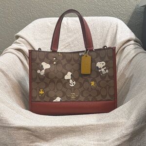 Coach Signature Canvas and Leather Trim Brown and Rust Snoopy Tote Bag